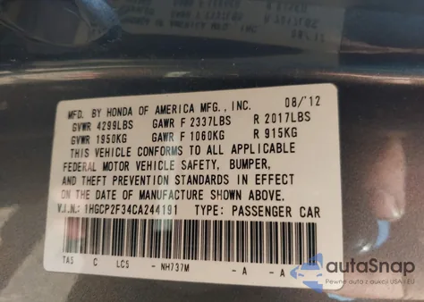 2012 Honda Accord 2.4 Lx z USA, uszkodzony, nr VIN 1HGCP2F34CA244191